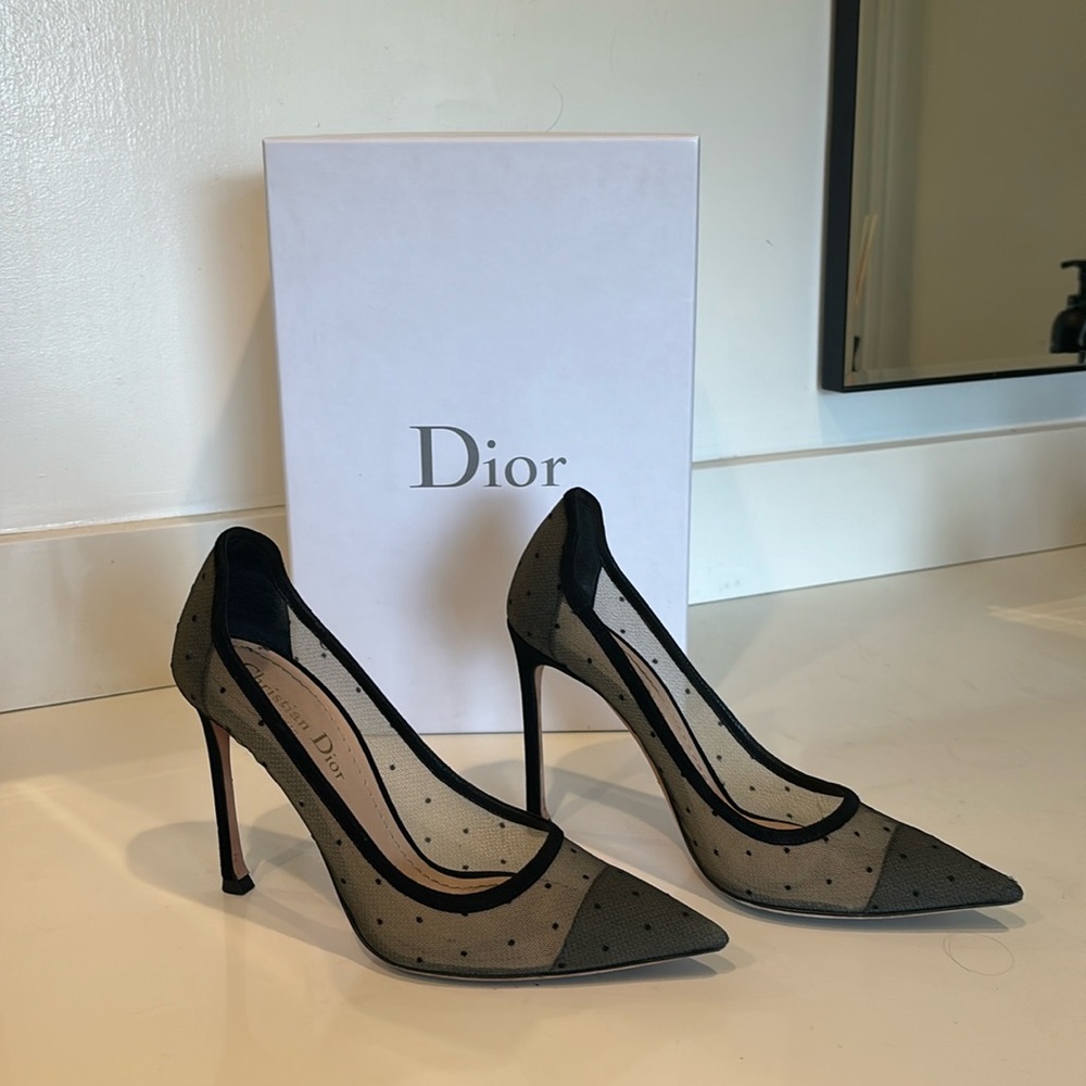 Dior mesh black polkadot pumps with suede heel and trim